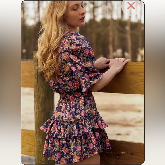 MISA Los Angeles Floral Ruffle Mini Dress Smocked Waist V-Neck Puff‎ Sleeve - Picture 2 of 7